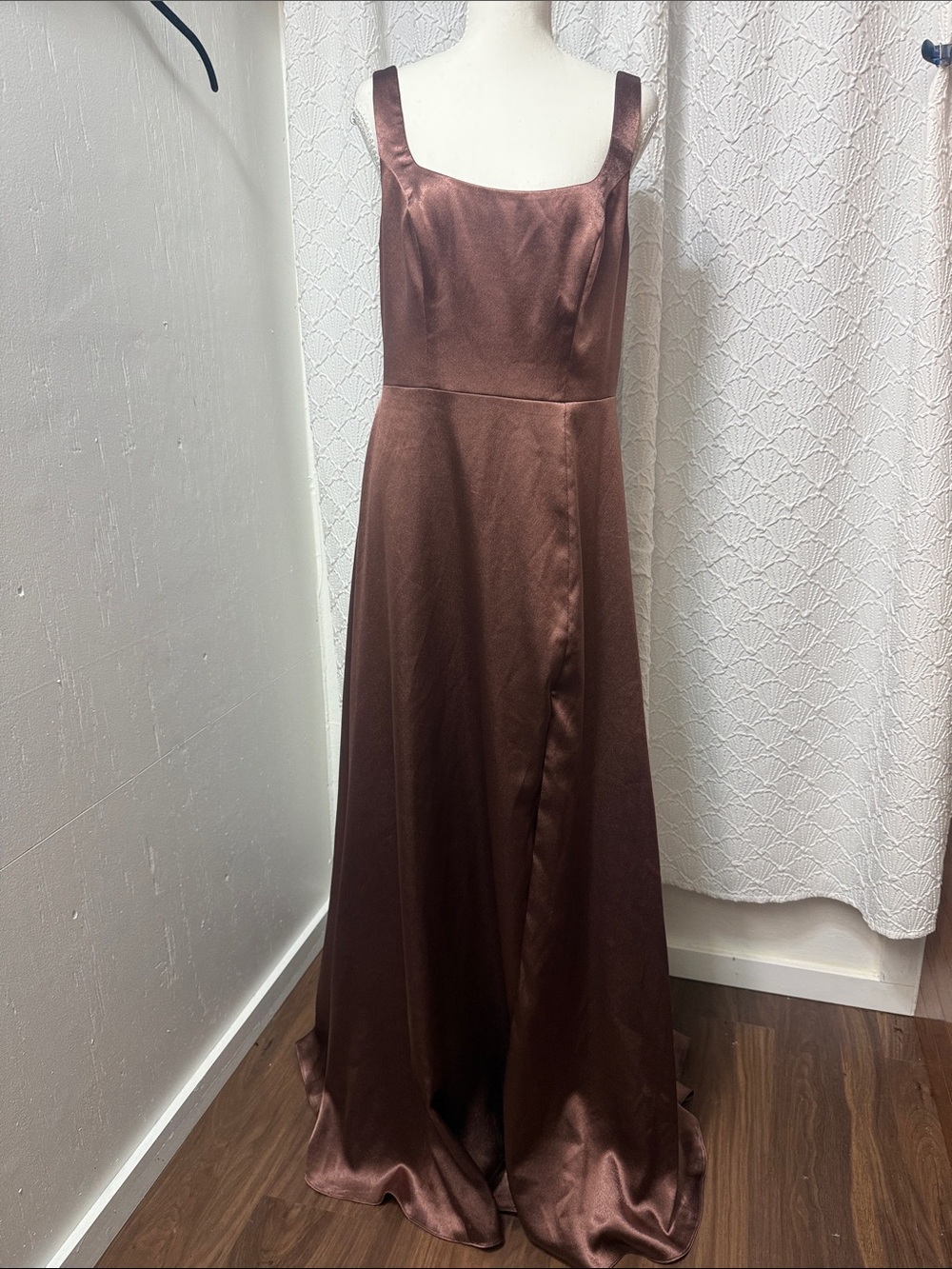 Azazie Chocolate Brown Satin Maxi Dress